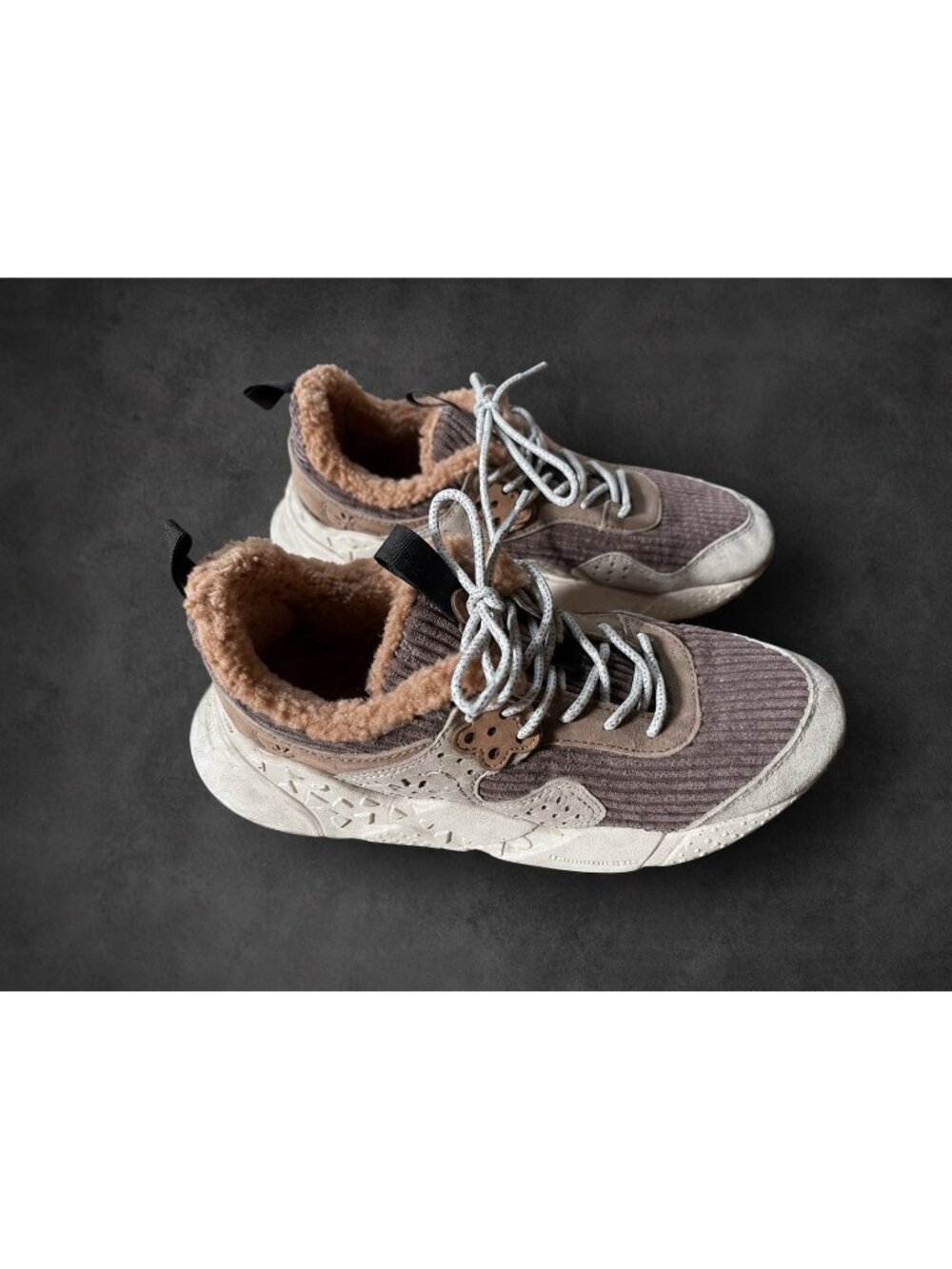 Flower Mountain FM36056 Sz 8 EU 39 Kotetsu Corduroy Faux Sherpa Pinks Browns